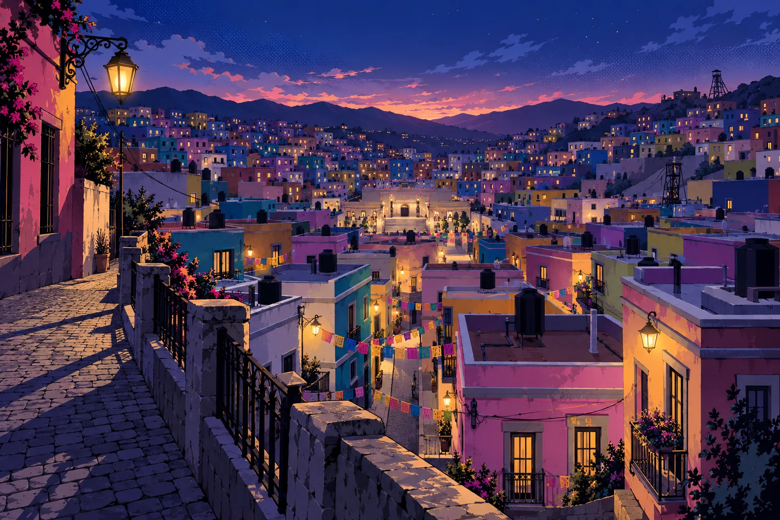 El Socavón: a hillside barrio of painted houses in a ravine at blue hour