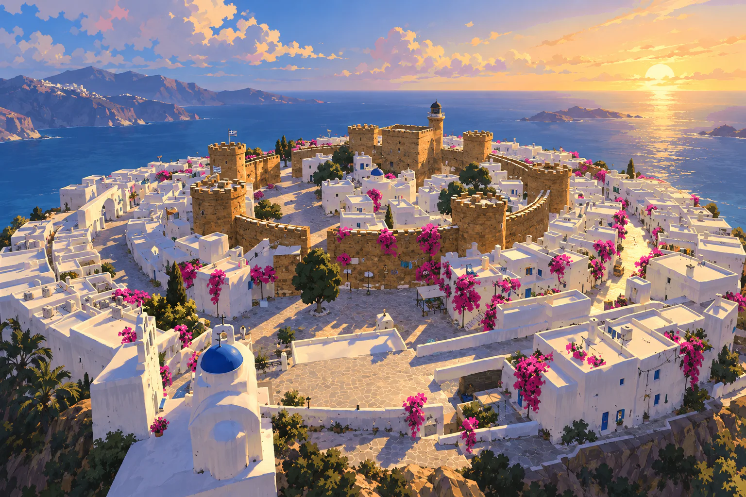 Kástro: a white hilltop fortress village over the sea in the late afternoon